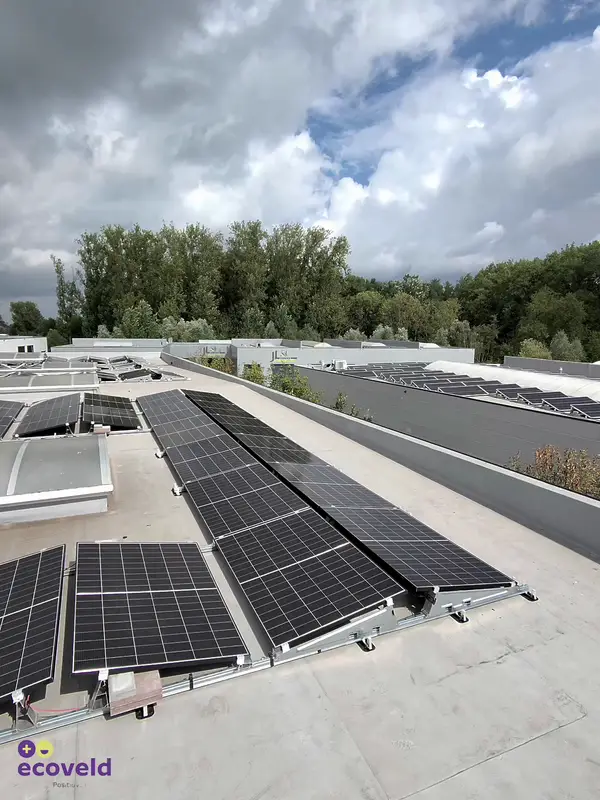 Zonnepanelen in rijen op een plat bedrijfsdak, gezien vanop het dak zelf.